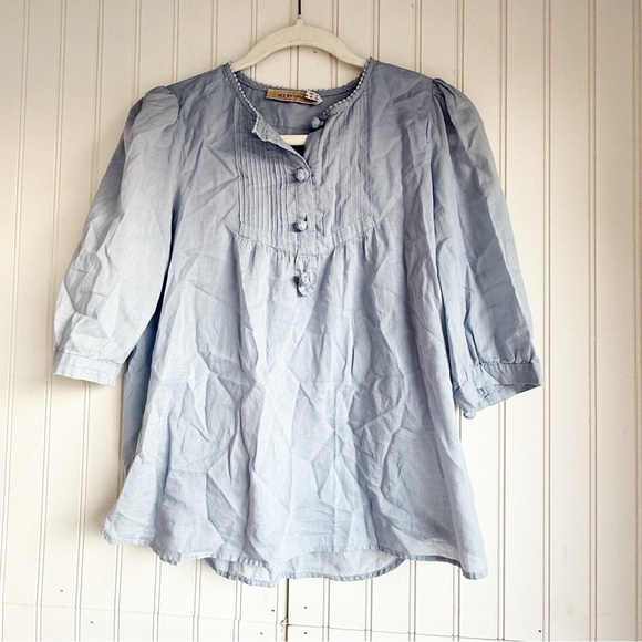 See by Chloe Size 6 Dusty Blue 3/4 Puff Sleeve Pintuck Top Blouse - Picture 1 of 5